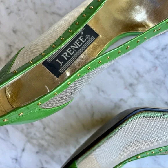 Vintage 1980s Studded Leather and Mesh Lime Green Heels - Picture 4 of 5